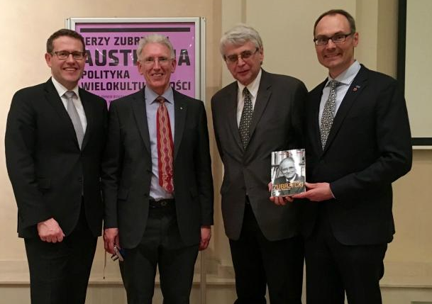 (L. to R.) Australian Ambassador Paul Wojciechowski, John Bond, Prof. Jacek Purchla, and Adam Koniuszewski of The Bridge