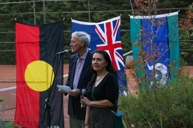 Mike Brown, Board member, and Margaret Hepworth, Executive Officer, IofC Australia, at the opening of the 19 March launch of Our Uluru Response. / Credit: Eike Zeller