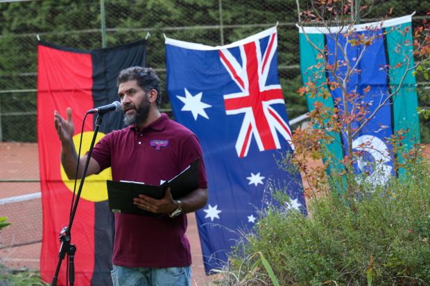 David Tournier of the Boon Wurrung Foundation welcomes all to the Smoking Ceremony with the greeting 'Wominjeka'—'come with purpose.' / Credit: Eike Zeller