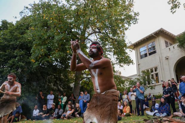 An Indigenous dancer at Armagh for the launch of Our Uluru Response trust building project. / Credit: Eike Zeller