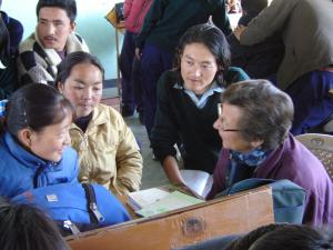 Jean meeting with Tibetan refugees in north India. Photo courtesy of Jean Brown. 