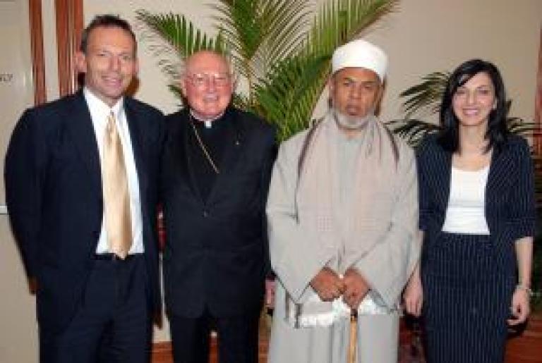Keynote speakers at a public forum in Sydney: (L to R) Tony Abbott, Cardinal Cassidy, the Mufti, Nadia Jamal. 